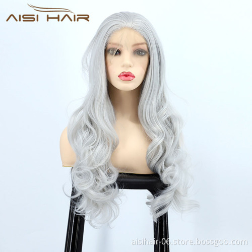 Aisi Hair New Design Vendor Cosplay Curly Long Wavy Body Wave Grey Lace Frontal Synthetic Hair For Black Women Lace Front Wig